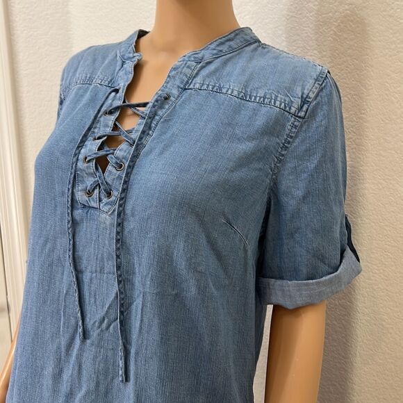 Philosophy Medium Tercel Lace Up Dress Mini Light Wash Denim 3/4 Roll Up Sleeve - Picture 4 of 13